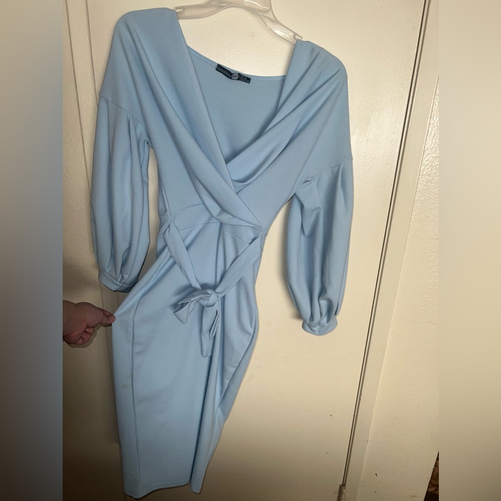 LONG SLEEVE BABY BLUE OFF THE SHOULDER DRESS